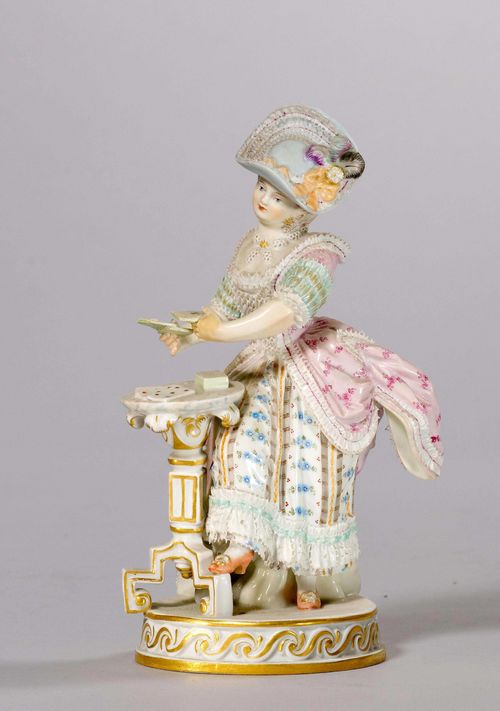 ROCOCO LADY PLAYING CARDS,Meissen, ca. 1880. "Victor Acier" model. Rococo lady in a lace-adorned dress, standing at a gueridon and holding a deck of cards. Underglaze blue sword mark. Incised Model No. F. 64. H 15.5 cm.