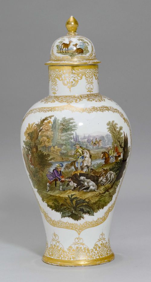 LARGE VASE WITH A HUNTING SCENE, Dresden, Helena Wolfsohn, 19th century. Each side painted with a colourful hunting scene and with gold borders. The convex cover similarly painted and with a cone finial. Blue AR mark. H 67 cm. Gilding, partly rubbed. Provenance: - - from a  private collection, Geneva.
