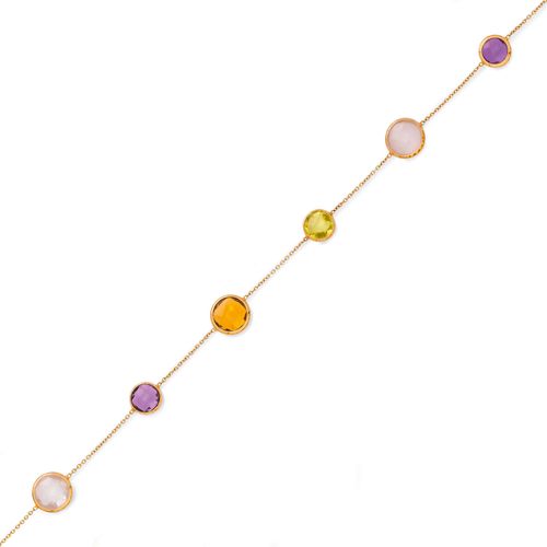 GEMSTONE NECKLACE. Yellow gold 750. Anchor chain, set with 12 different, round gemstones, such as rock crystal, amethyst, citrine and lemon quartz. L ca. 42 cm.