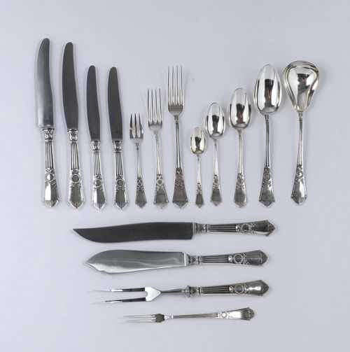 CUTLERY SET,Schaffhausen, 20th century, mark: Jezler. Empire pattern. Comprising: 12 dinner knives, 12 dinner forks, 12 soup spoons, 12 small knives, 12 small forks, 12 dessert spoons 12 mocha spoons, 12 tea spoons, 4 kitchen knives and 5 servicing pieces. Total weight 3045g (excl. knives). Comprises a total of 105 parts.