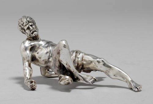 THE PENITENT THIEF DISMAS, CRUCIFIED,in the Baroque style, in the style of Georg Petel (1601-1634), Augsburg. Silver-plated metal. The thief is turned to the right and wearing a glum expression. The arms angled, originally tied behind the arms of the cross. Number 16 on the bottom. H 19 cm.