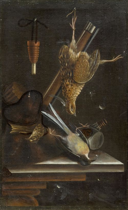 BILTIUS, CORNELIS (The Hague 1653 – circa 1706 Germany) Trompe-l'oeils with musket and three birds. Oil on canvas. 52 x 33 cm. Provenance: European  private collection. Fred G. Meijer of RKD, The Hague, has confirmed the authenticity of this work on the basis of a photograph