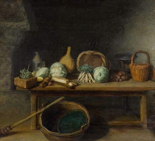 Attributed to BOSCH, PIETER VAN DEN the younger (circa 1604 Leiden 1649) Kitchen still life with vegetables and baskets. Oil on panel. 30.3 x 31 cm. Provenance: Swiss private collection. Fred G. Meijer of RKD, The Hague, has identified this painting on the basis of a photograph as by the hand of an artist active in Paris in the 1640s in the circle of Willem Kalfs and Sebastien Bourdons and suggests an attribution to Pieter van den Bosch.