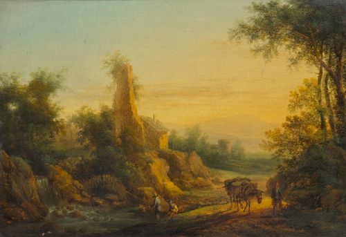 Attributed to BRAND, CHRISTIAN HILFGOTT (Frankfurt an der Oder 1694 - 1756 Vienna) Pair of works: Southern river landscape with figures. Oil on panel. 24 x 33 cm / 23.2 x 33.6 cm. Our thanks to Dr. Sylvia Schuster for her help in cataloguing this painting