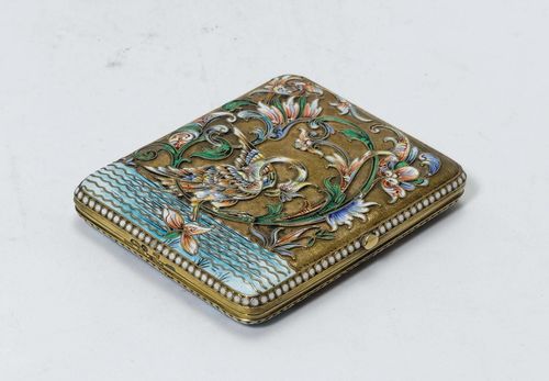 ENAMEL CLOISONNE CIGARETTE CASE,Russian, ca. 1900. Rectangular. Silver-gilt with enamel cloisonné in pastel colours. 9.5 x 8 cm.