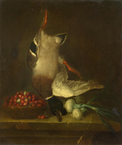 GERMAN SCHOOL, 18TH CENTURY Hunting still life with strawberries, duck and onions. Oil on canvas. 73 x 59.5 cm.