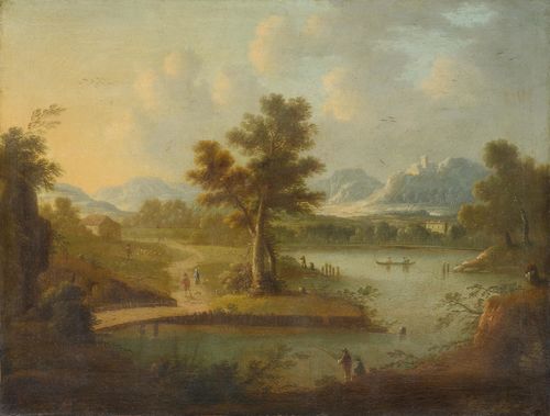 ENGLAND, CIRCA 1700 River landscape with figures. Oil on canvas. 72.5 x 92.5 cm.