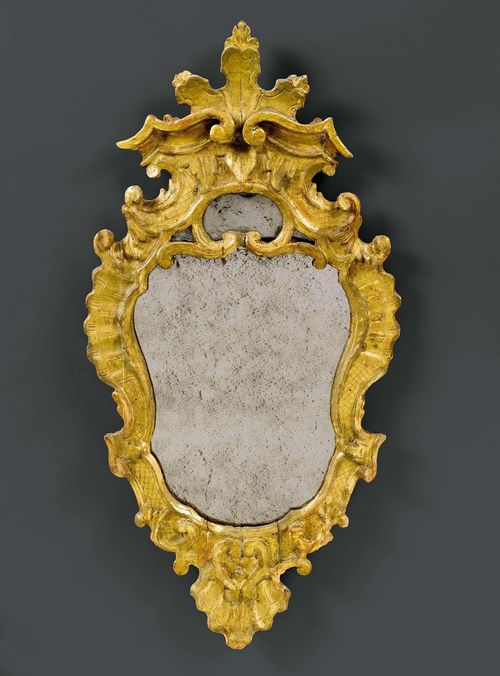 PAIR OF MIRRORS,Baroque, Veneto, 18th century. Wood, carved with leaves, volutes and rocailles, and gilt. H 93 cm. Formerly mirrored sconces.