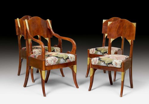 SET OF 2 ARMCHAIRS AND 2 CHAIRS,Empire/Restoration, Russia, beginning of the 19th century. Mahogany, carved with palmettes and rosettes, and parcel-gilt. Padded seat. Pierced backrest. Curved armrests. Flower-patterned fabric cover.