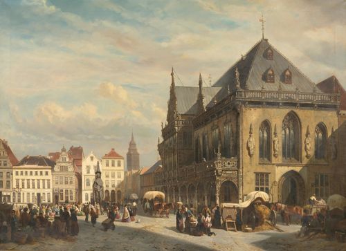 19th century copy of SPRINGER, CORNELIS (1817 Amsterdam 1891) Market square in Bremen. Oil on canvas. 102.5 x 141 cm.