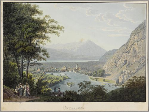 CANTON OF BERNE.-Rordorf after Johann Jakob Wetzel. Unterseen. Aqua tint etching in original colours, 19 x 27.5 cm. The edging in black pen. From: Les Lacs de la Suisse, Zürich Orell Füssli, 1827. - Slightly cut and with a small margin around the edging. Slight signs of wear and some browning. Overall, still in good condition.