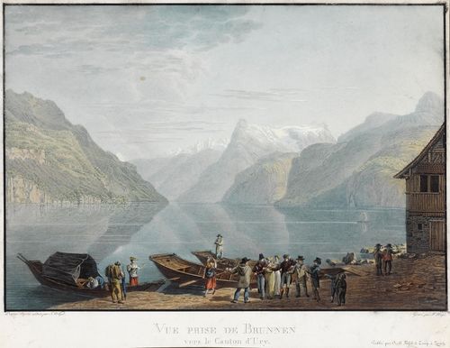 CANTON OF URI.-Franz Hegi after Johann Jakob Wetzel (1781-1834). Vue prise de Brunnen vers le Canton d'Ury. Coloured aqua tint etching, 19.5 x 27.5 cm. The edging in black pen. Appenzell 222. - With inscription margin and small margin around the edging. Slight signs of wear.