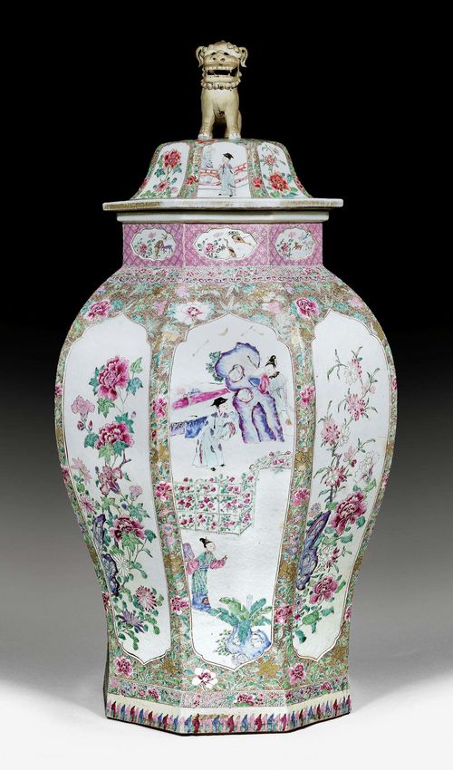 AN IMPRESSIVE FAMILLE ROSE VASE AND COVER. China, Yongzheng period, height 90 cm. Very minor restoration at neck rim.