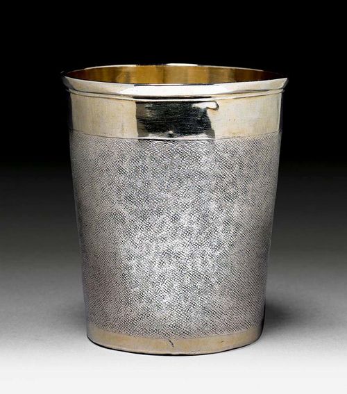 SNAKESKIN BEAKER. Zurich, end of the 17th century. Maker's markHans Ulrich I. Parcel-gilt. Conical, profiled at the top. H 8.5 cm. 120 g. See: Lösel 1983, Cat. No. 568, page 305.