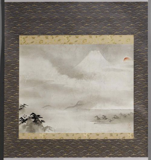 HANGING SCROLL OF THE KANO SCHOOL.Edo Period, ca. 18th c. 35x46 cm. Ink and colours on paper. Mount Fuji behind bands of clouds, the rising sun red beside it. In the foreground a misty shore. Seal in the form of a double gourd: Morinobu (epithet of Kano Tan'yu). Beautiful, modern brocade mounting.