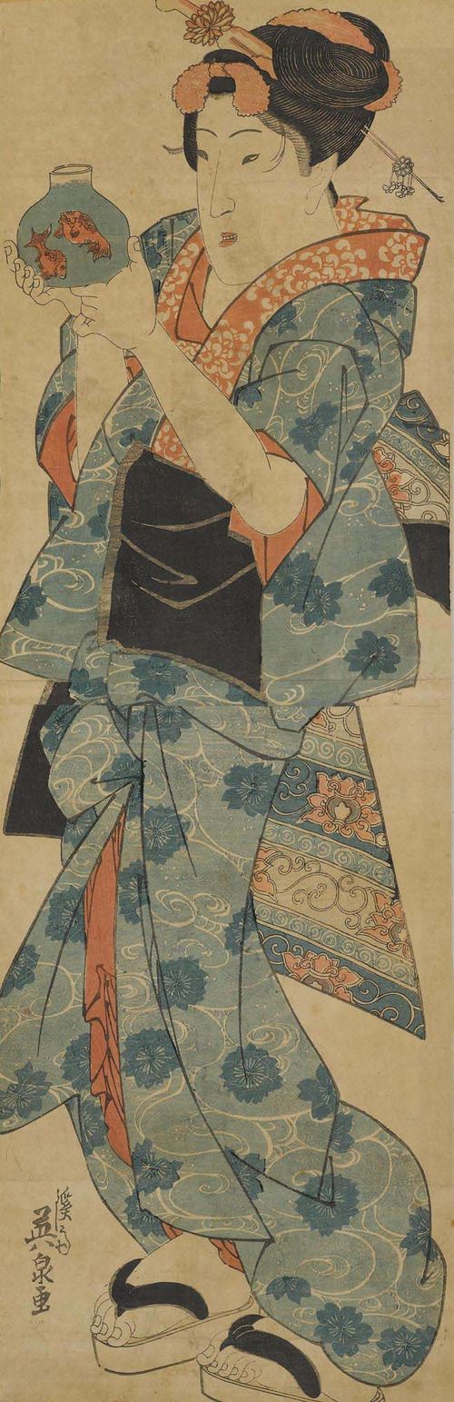 KEISAI EISEN (1790-1848).Two ôban tate-e. A standing Bijin considers carefully the goldfish she holds in a jar. Signature: Keisai Eisen ga. Trimmed edges.