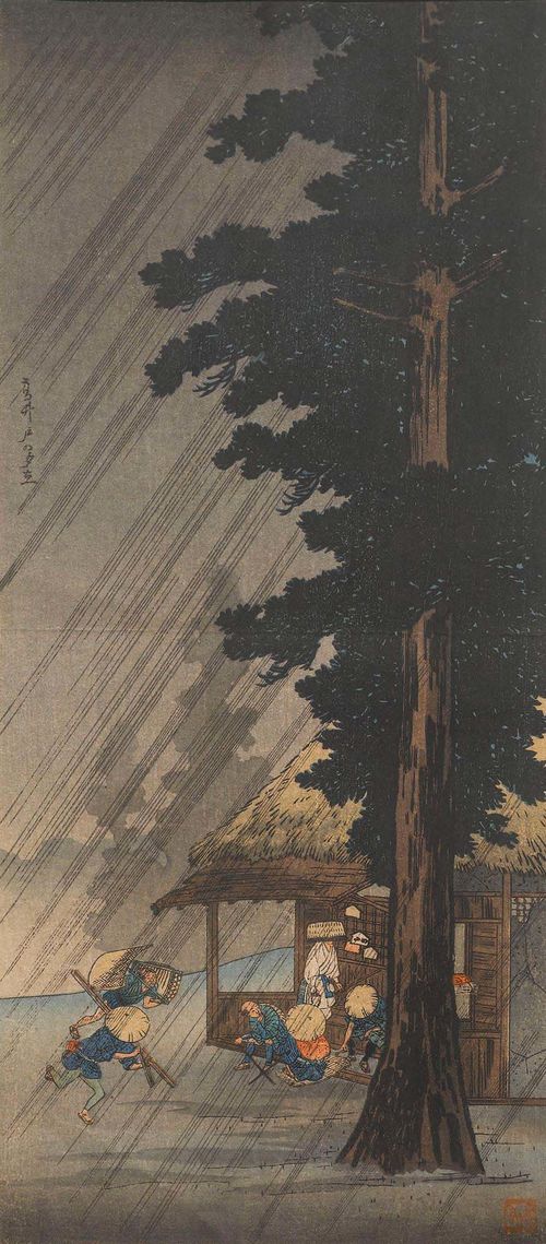 TAKAHASHI HIROAKI (SHÔTEI) (1871-1945).Both Mitsugiriban and Sh?tei seals. a) "Takaido no yûdachi " (Rain shower on a summer evening in Takaido). b) "Sawatari Jôshû " (Sawatari in the province of Joshu). Mounted under glass. (2)