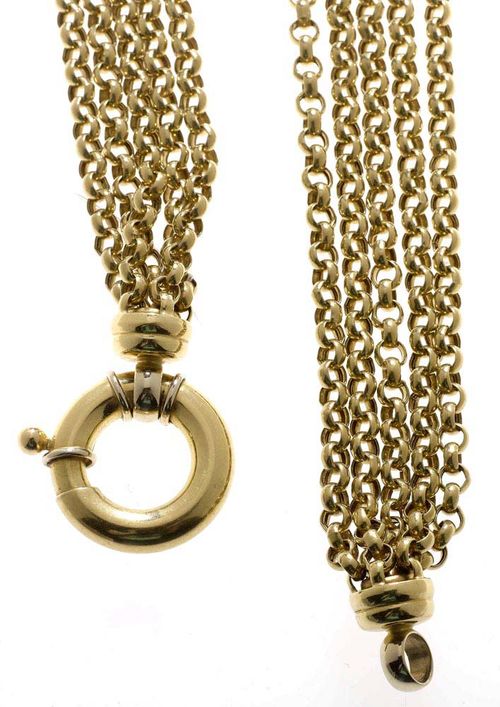 GOLD NECKLACE, URBANO. Yellow gold 750, 110g. Decorative necklace of five chains, the ends held together with two rondelle motifs. Large sprung ring fastener, signed Urbano. L 47 cm.