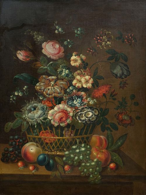 FRANCE, 18TH CENTURY Still life of flowers with fruits on a table. Oil on canvas. 79.5 x 69.5 cm.