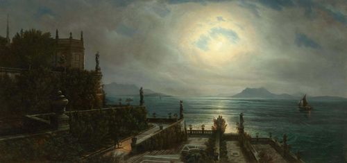 Circle of ACHENBACH, OSWALD (1827 Düsseldorf 1905) Isola Bella in the moonlight. Oil on canvas. Barely legible signature lower right. 67.5 x 138 cm.