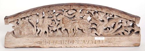 FRAGMENT OF A SICILIAN CHARRIOT,19th century Carved wood. Inscribed BOCARINO SALVATORE. L 50 cm.