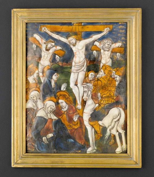 CRUCIFIXION GROUP,Limoges, mid 16th century. Probably circle of Jean I Penicaud. Polychrome enamel painting. 17.6x14 cm. Translucent contre-email. Restored, the varnish dull in parts. Set in a later brass frame. 20.5x17 cm.