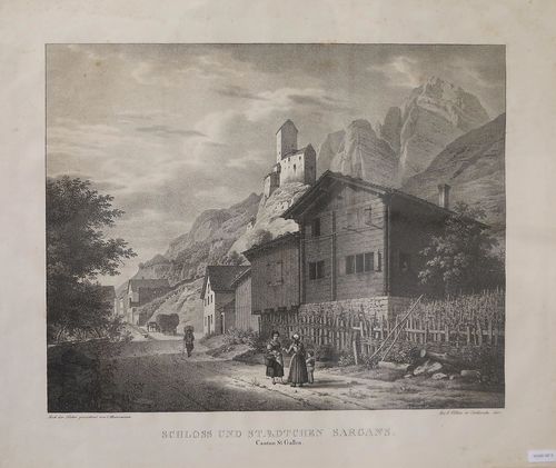 SARGANS.-Castle and Town of Sargans. 1825. C. Heinzmann. Engraving, 31.5 x 40 cm. Framed. 31.5 x 40 cm.