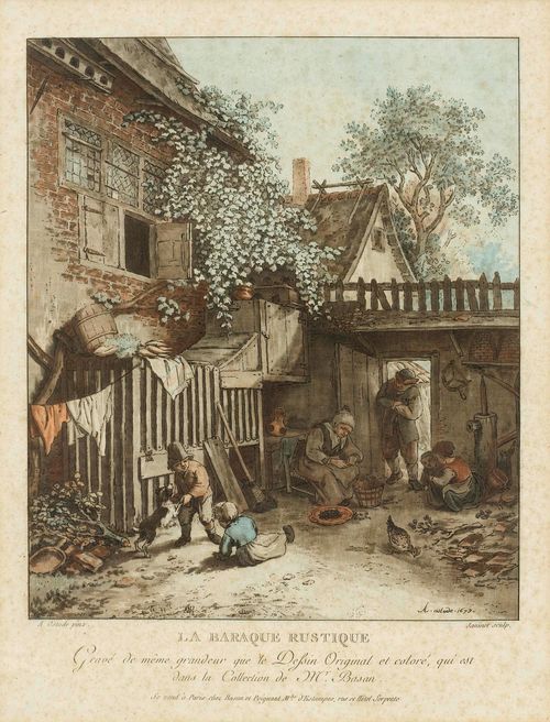 JANINET, JEAN FRANCOIS (1752 Paris 1814). After Adriaen van Ostade, 1778/79. Lot of two engravings: 1. La Baraque rustique 2. La Chaumiere Flamande. Colour etchings, each 29.5 x 22.8 cm. Published by Francois Basan, Paris. In old gold frame, as a pair. Foxed and browned within the passe-partout. No. 1 with margin (ca. 1 cm) and clearly visible plate edge. No. 2 with small margin or cut partly up to the plate edge. - Rare. Provenance: - Collector's initials, Lugt 2964; F. Baumgartner (19th century), Vienna, Lugt 2900.