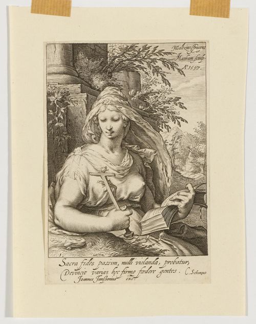 MATHAM, JACOB (1571 Haarlem 1631).After Hendrik Goltzius. Faith, 1597. Engraving, 15.2 x 10 cm. Bartsch 117; Hollstein 256 III (of V). - Attractive, clear print with a fine margin, in some parts cut up to the plate edge. In good condition.