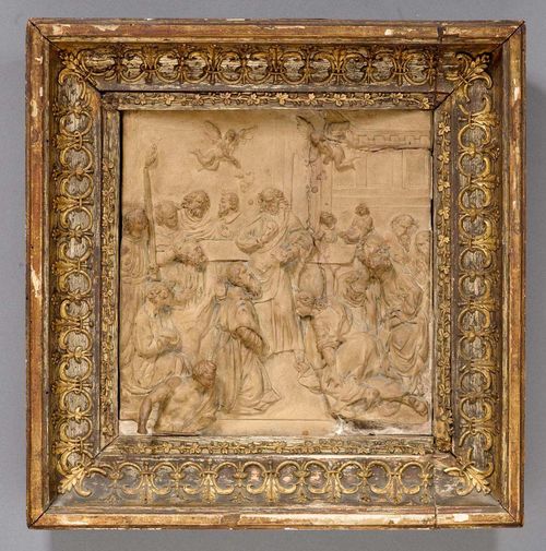 THE LAST SUPPER,Northern Italy, 2nd half of the 17th century Terracotta low relief. 21x20 cm. Restored and filled at the back with gesso. Set in a gilt frame with applied gilt pewter decoration in the form of foliate friezes.