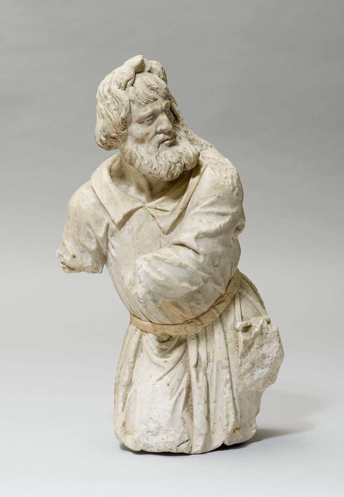 TORSO OF SAINT CHRISTOPHER,Baroque, Southern Germany, late 17th century. White stone, carved in the round. Fragment. H 40 cm.