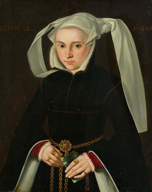 Probably 19th century, in the style of BRUYN, BARTHOLOMAEUS THE ELDER (Niederrhein 1493 - 1555 Cologne) Portrait of a young woman at the age of 25. Oil on panel. With inscription and date upper left and right: AETATIS 25. Ao. 1549. 55 x 46 cm. Provenance: Swiss private collection.