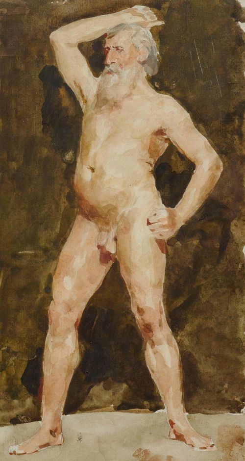 ANKER, ALBERT (1831 Ins 1910).Stehender Männerakt (Standing male nude). Watercolour over pencil on paper. 30 x 16 cm. Framed. 30 x 16 cm. Framed. Verso on old backing a hand-written confirmation of authenticity by Elisabeth Oser, Basel Oct. 1963.