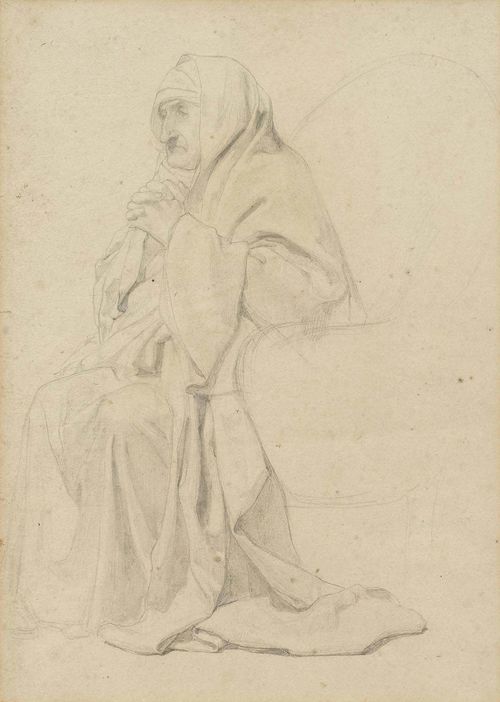 ANKER, ALBERT (1831 Ins 1910).Betende ältere Frau (Old woman praying). Verso: Four studies of garments. Pencil on paper. 26.9 x 20.8 cm (image). Framed. With hand-written confirmation of authenticity by Elisabeth Oser, Basel Feb 1963.