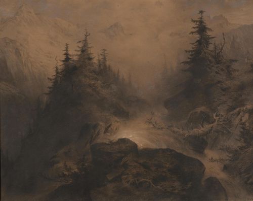 CALAME, ALEXANDRE (Vevey 1810 - 1864 Menton) Mountain stream. 1862. Charcoal heightened with white on brown paper. Monogrammed and dated lower right: AC. 1862. 48.5 x 62 cm (image).