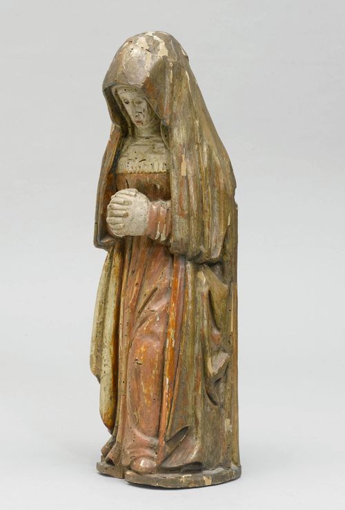 THE VIRGIN UNDER THE CROSS, Gothic type, Italy or Spain. Wood, carved, verso flattened and painted. H 52 cm. Verso with severe worm galleries. Paint reworked.