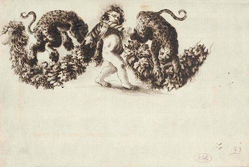 BELLA, STEFANO DELLA (1610 Florence 1664), Circle of . Friese with putto, garlands and two leopards. Pen in brown. 20 x 27.5 cm. Framed Provenance: - collection of G.C.Rossi, Rome (2nd half of the 19th century), Lugt 2212