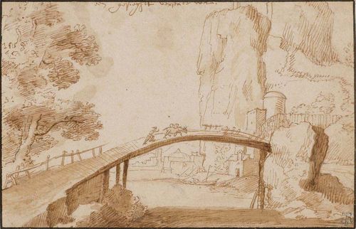 FLEMISH SCHOOL, CIRCA 1600 Bridge over a river in a mountainous landscape. Brush and pen in brown. Edged in a black pen line. Old inscription on upper margin in pen. 9.4 x 15 cm. Provenance: - collection of Freiherr Rolas du Rosey (Dresden,19th century.), Lugt 2237 - unknown collector's stamp: CED in Oval, not in Lugt
