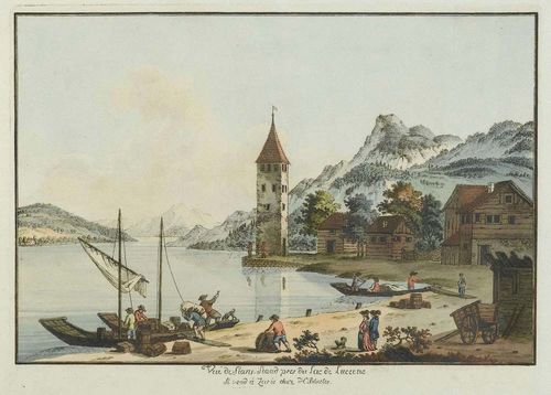 BLEULER, JOHANN HEINRICH (Zollikon 1787 - 1857 Feuerthalen).Vue de Stans-Staad pres du Lac de Lucerne. Se vend á Zuric chez H. Bleuler. original coloured etching, 20.5 x 30 cm. Gold frame.
