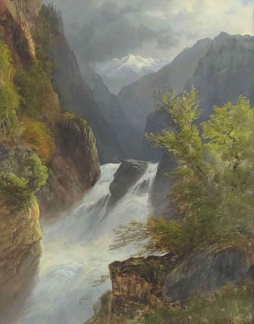 MOTTU, HENRI LUC (1815 Geneva 1859).Rushing mountain stream. Gouache on paper. 21 x 16.5 (visible image). Signed lower right: H. Mottu. Framed.