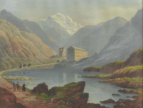 MOTTU, HENRI LUC (1815 Geneva 1859).High moutain landscape with hostel and walkers. Gouache on paper. 16 x 20.5 cm. Signed lower left: H. Mottu. Framed.