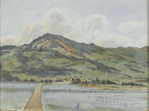 NAEGELI, HEINRICH (1841 Zurich 1936).Der Jakobsweg bei Rapperswil, 1864. Watercolour over pencil, 19 x 25.5 cm. Signed and dated lower left in brown pen: Naegeli 1864. Gold frame.
