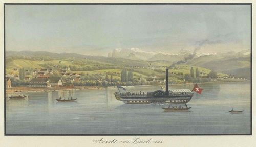 ZOLLIKON.-View from Zurich. Anonymous, circa 1840/50. coloured aquatint, 15.5 x 28.5 cm. Gold frame. - Cut, mounted and new title. Scratch in sky area. Presumably fragment from a panoramic view. Rare.