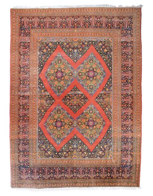 CHORASSAN old.Blue ground with five star-shaped medallions, decorated with colourful flowers, wide border in blue with boteh motifs, signs of wear, 378x265 cm.
