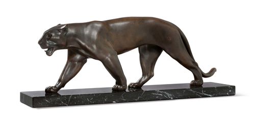 MAX LE VERRIER (1891 - 1973), SCULPTURE, circa 1930. Metal with brown patina and marble. Signed M. Le Verrier. L 66 cm.