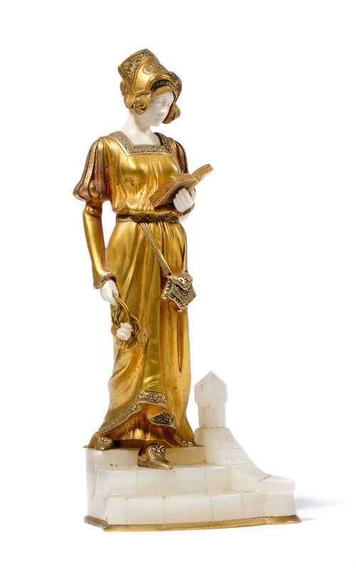 DOMINIQUE ALONZO, SCULPTURE, circa 1920. Gilt bronze, ivory and onyx. Lady with a book and a rose on an onyx plinth in the form of stairs. Signed D. Alonzo. H 25 cm.