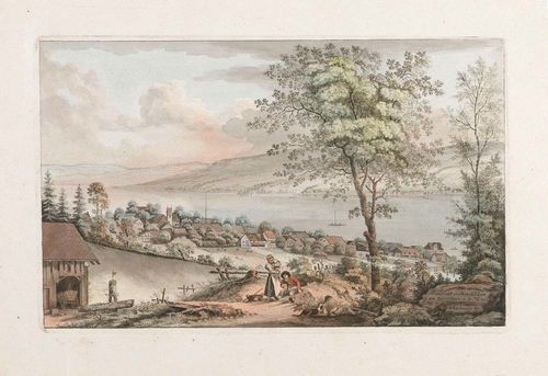 RÜSCHLIKON.-Johann Jakob Aschmann (1747-1809). Prospect v. Rüschlikon am Zürichsee n.d. Natur J. Aschmann fec. No.7. Watercoloured outline etching. Title and signature etched in the depiction on lower right. 18.2 x 29.5 cm. Genuine gold frame. Rare view in beautiful colour and excellent condition.