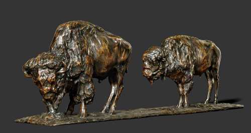 REMBRANDT BUGATTI (1885-1916) SCULPTURE &quot;Deux bisons d&#39;Am&#233;rique&quot;, 1906 Bronze with brown patina. Two buffalo. Signed R. Bugatti, Anvers 1906. Foundry stamp: Cire perdue, A.A. H&#233;brard (1). The tail of the larger buffalo professionally restored. Patina probably partly restored. L. 90 cm. H. 31 cm.