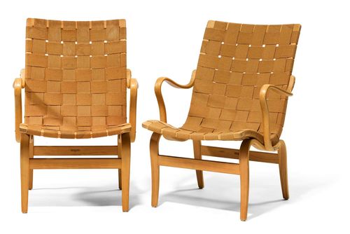BRUNO MATHSSON (1907 - 1988) PAIR OF CHAIRS, Model "Eva", 1934 design for Karl Mathsson Värnamo Bench birch and woven hemp. Mark with date 1964. Stained.