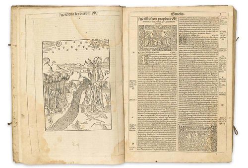- Biblia latina - Biblia Bibliorum opus sacrosanctum vulgatis... Accessit etia[m] Tertiu[s] Maccabbaeoru[m] liber novissime additus..., Lyon, no printer, 1536. Title in red and black with wood-cut vign. and framing, [6], 276, [21] ll. With three important full page, and 111 further wood-cuts. Later vellum, two vellum tabs, fol. (binding tired). Some water stains, few worm holes, but overall good condition.